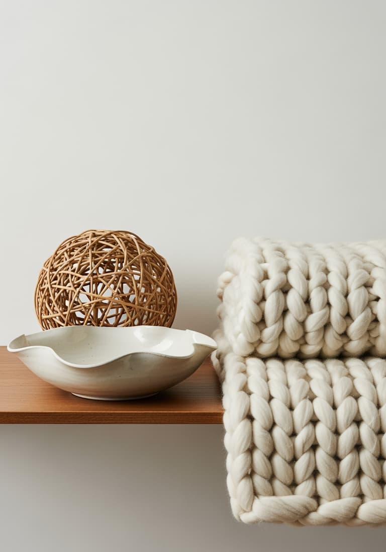 Une composition de divers objets aux formes organiques et textures naturelles : un bol en céramique, une sphère en rotin et une couverture en laine épaisse, représentant les commandements du design biophilique.