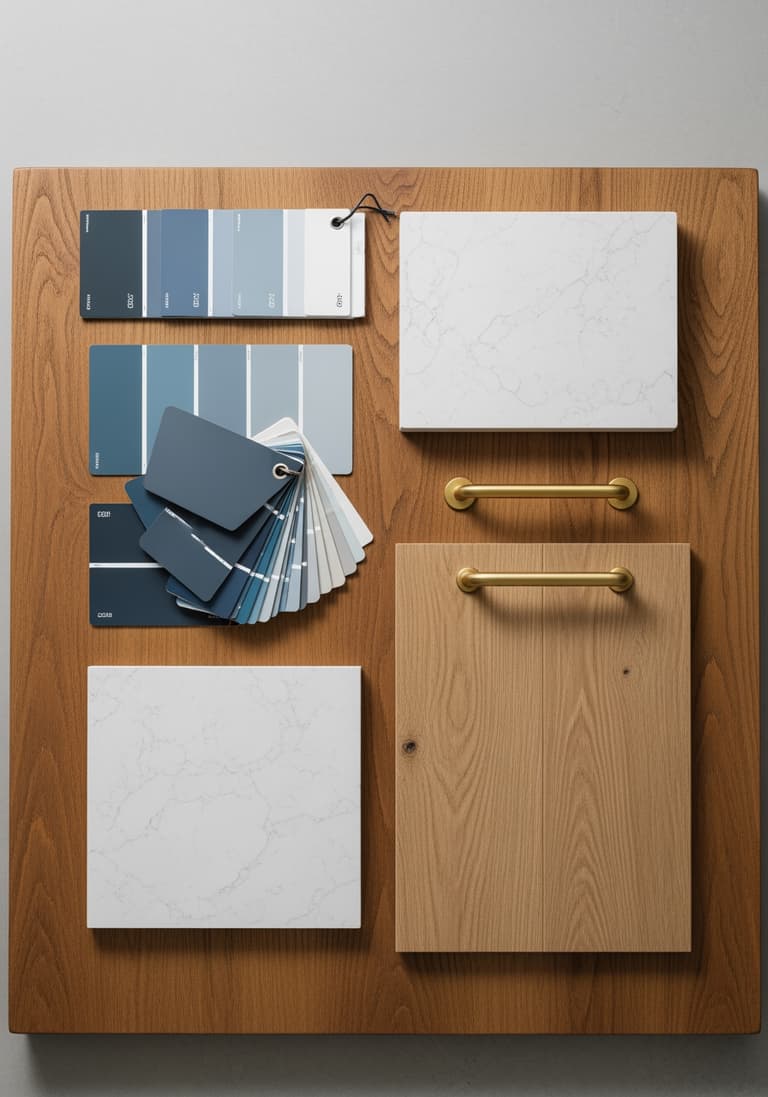 Une composition à plat d'échantillons de matériaux pour un projet de rénovation, incluant des couleurs, du bois et de la pierre.