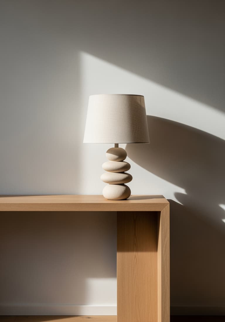 Une lampe de table sculpturale aux formes organiques en céramique, posée sur une console. La lumière du jour souligne sa texture.