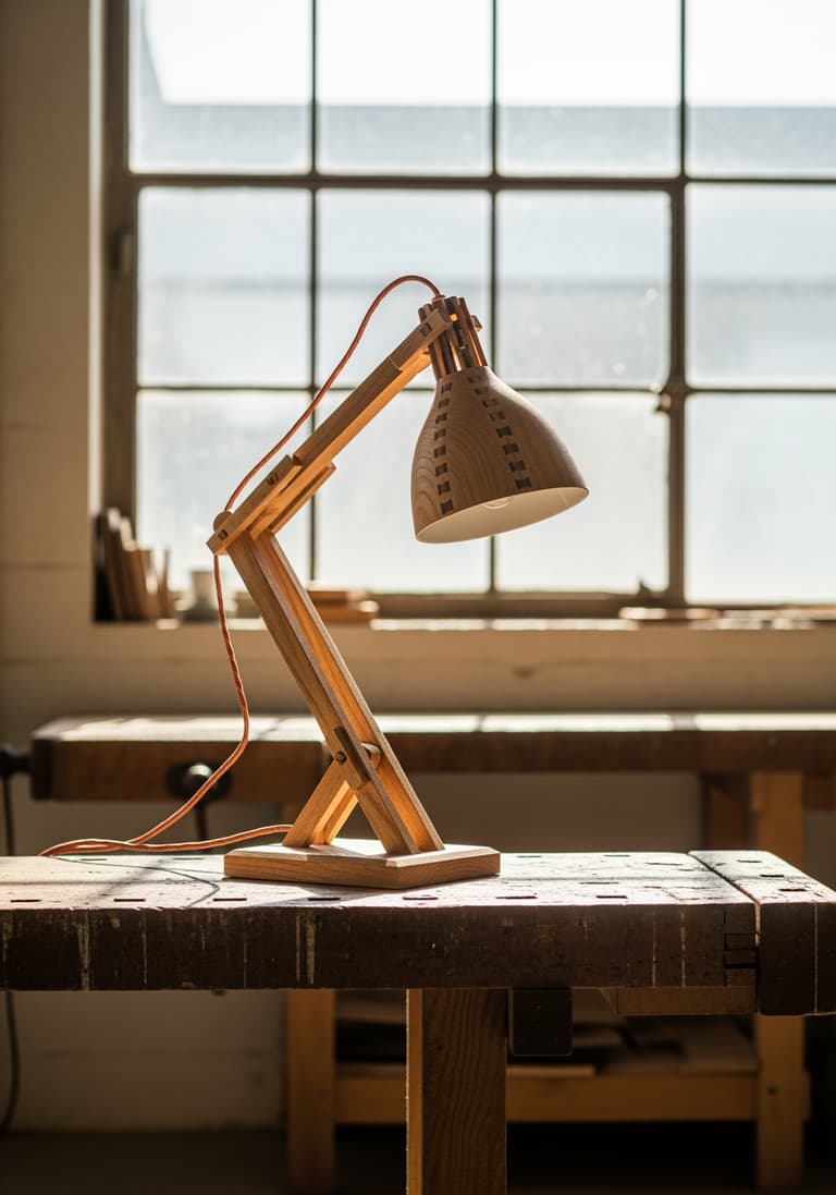 Une lampe à poser en bois, d'aspect artisanal, posée sur un établi baigné de lumière naturelle, évoquant le 'Made in France'.