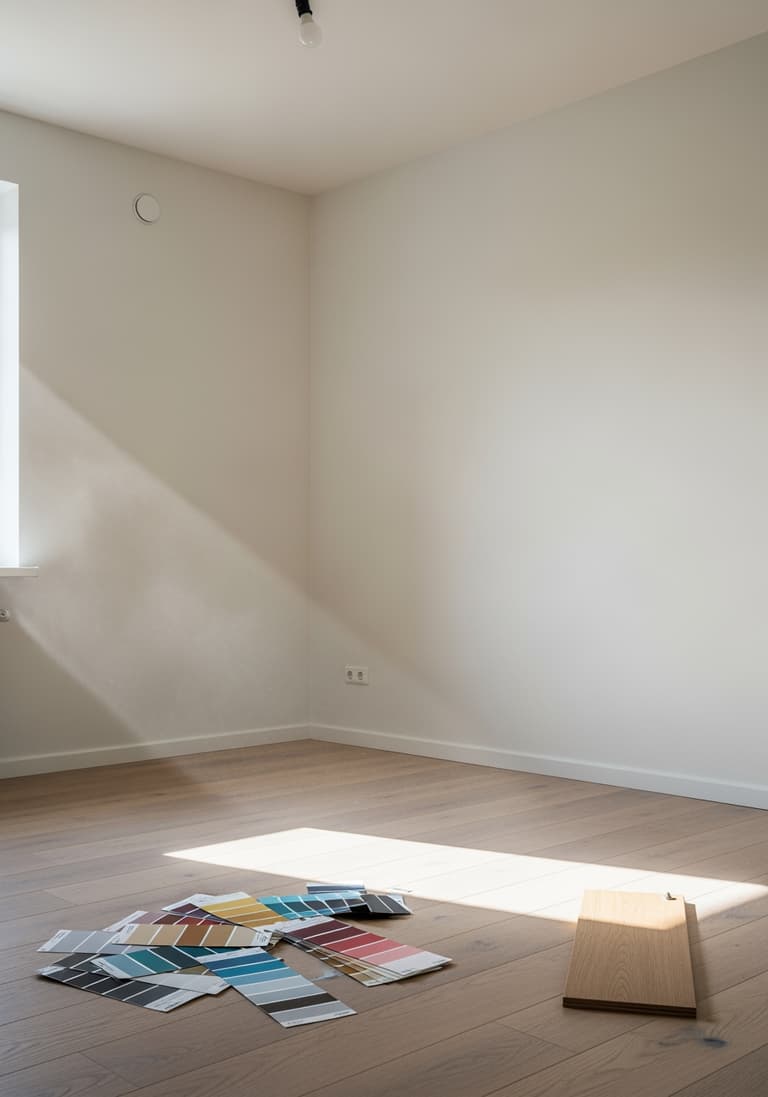 Une pièce vide et ensoleillée avec des échantillons de couleur au sol, symbolisant la phase de planification et de budget pour un premier appartement.
