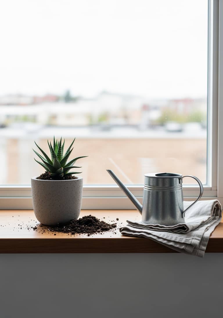 Une scène simple et inspirante sur un rebord de fenêtre : une plante succulente fraîchement rempotée, un petit arrosoir et un chiffon, représentant un plan d'action facile pour débuter en design biophilique.