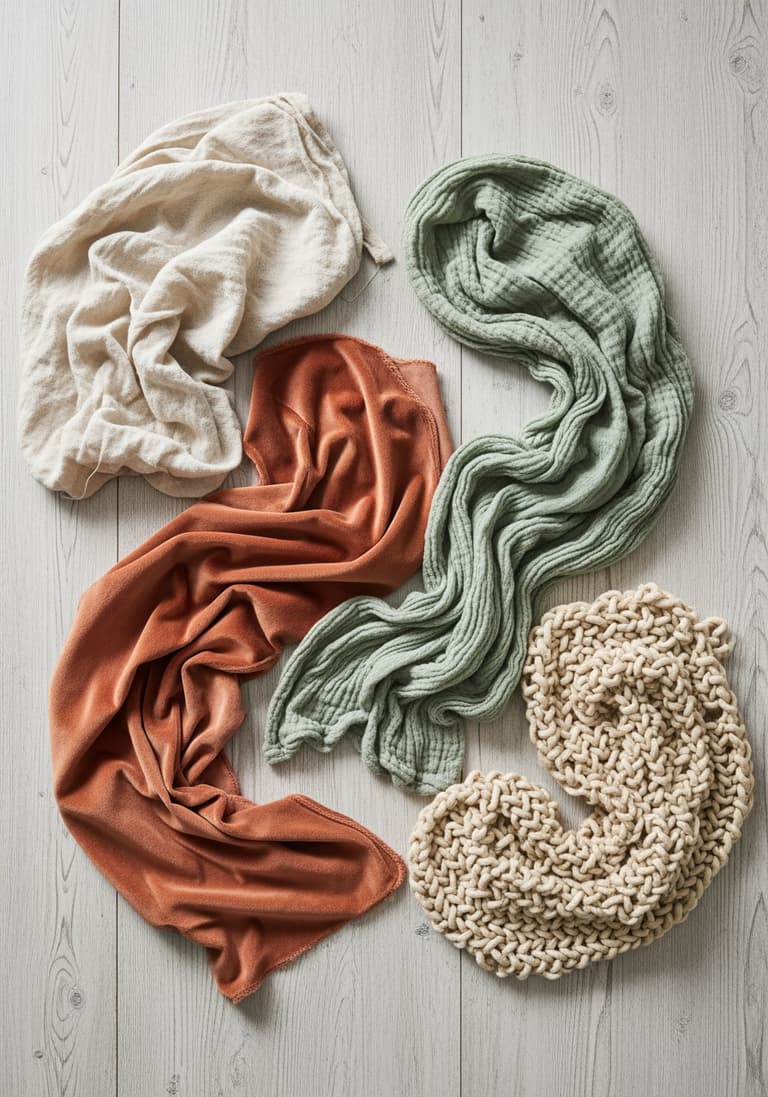 Une sélection d'échantillons de tissus aux textures et couleurs tendance pour 2026, comme le lin, le velours et la gaze de coton.