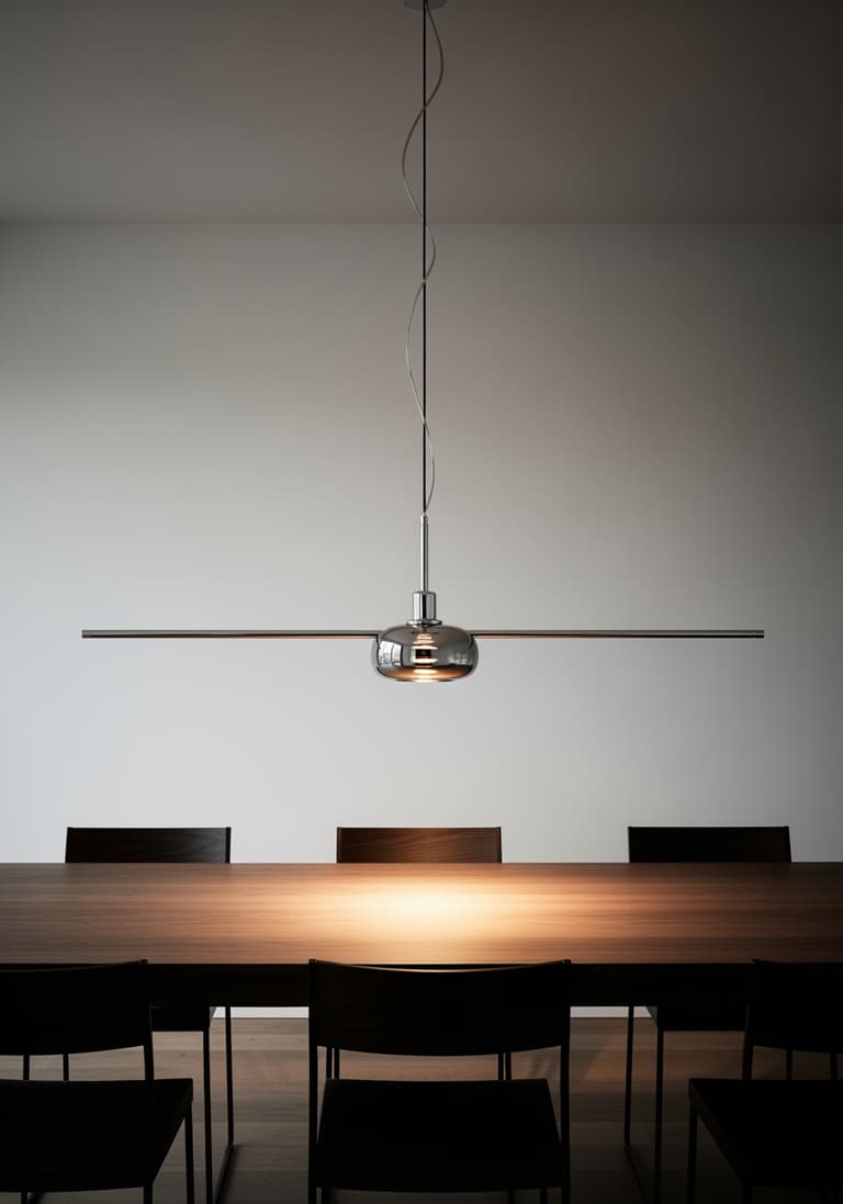 Une suspension design en métal et verre fumé allumée, suspendue au-dessus d'une table à manger en bois moderne.