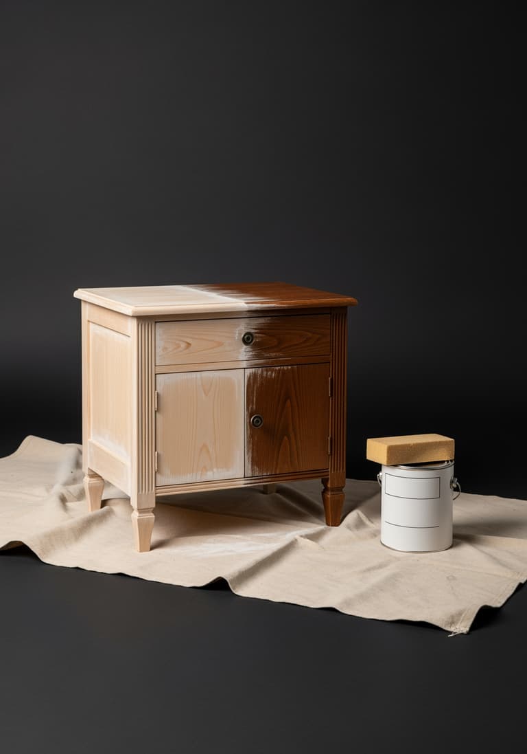 Une table de chevet en bois en cours de rénovation, symbolisant l'optimisation du budget par le DIY et la seconde main.