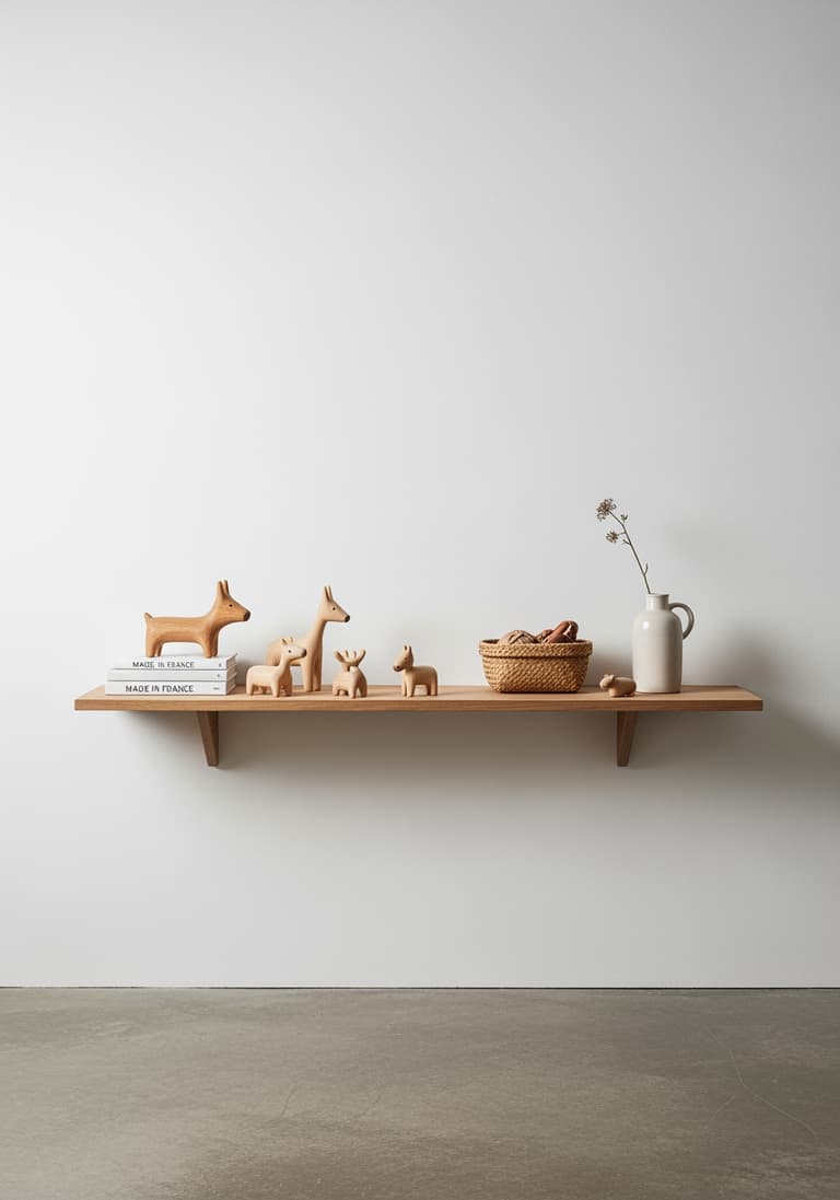 Une étagère en bois décorée avec des accessoires Made in France à petit prix, montrant un impact maximal pour un budget malin.