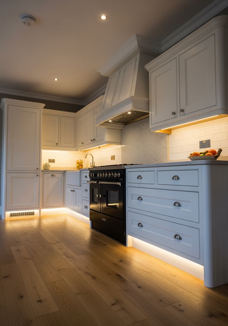 Vue grand-angle d'une cuisine moderne et lumineuse après rénovation, avec des armoires blanches et un éclairage chaleureux.