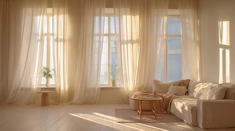 Salon lumineux avec grands voilages en lin blanc du sol au plafond laissant entrer la lumière naturelle, canapé beige et table basse en bois