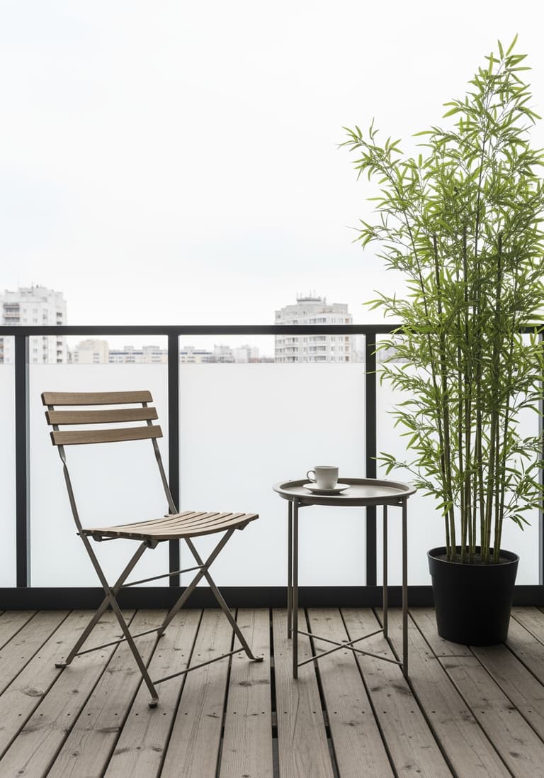 Aménagement de balcon zen économique et minimaliste, montrant une simple chaise pliante en bois, une petite table et une plante de bambou.