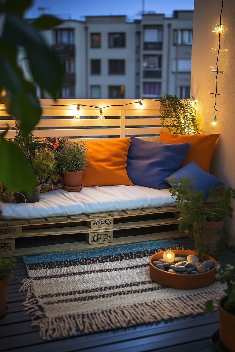 petit balcon aménagé avec une banquette en palette, coussins colorés, tapis tissé, coupelle de galets et guirlande solaire, plantes en pots en terre cuite, ambiance crépuscule urbain