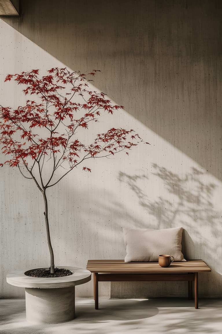 Balcon minimaliste avec un érable du Japon aux feuilles rouges dans un pot en béton, banc en bois avec coussin en lin et tasse en céramique, mur en béton brut, ombres graphiques