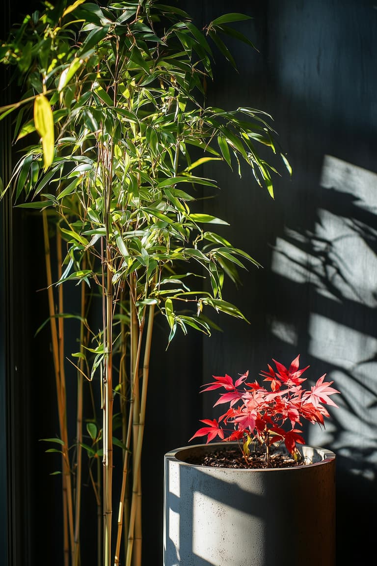 Bambou Fargesia dense avec feuillage vert et petit érable du Japon aux feuilles rouges dans un pot en béton, lumière du soleil créant des ombres sur un mur sombre