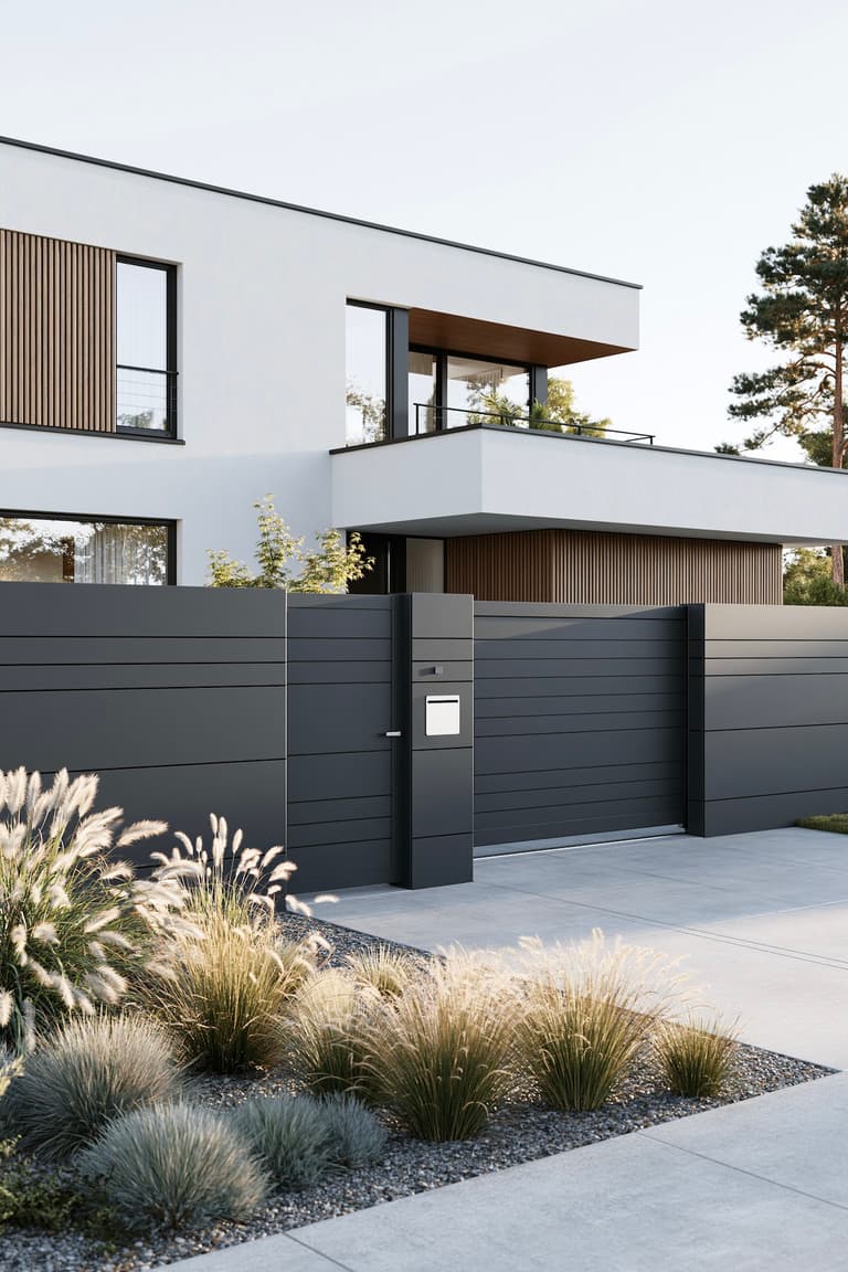 Maison contemporaine blanche avec bardage bois et clôture complète en aluminium thermolaqué anthracite à lames horizontales pleines, portillon intégré avec boîte aux lettres, allée en béton, massif de graminées ornementales, lumière naturelle