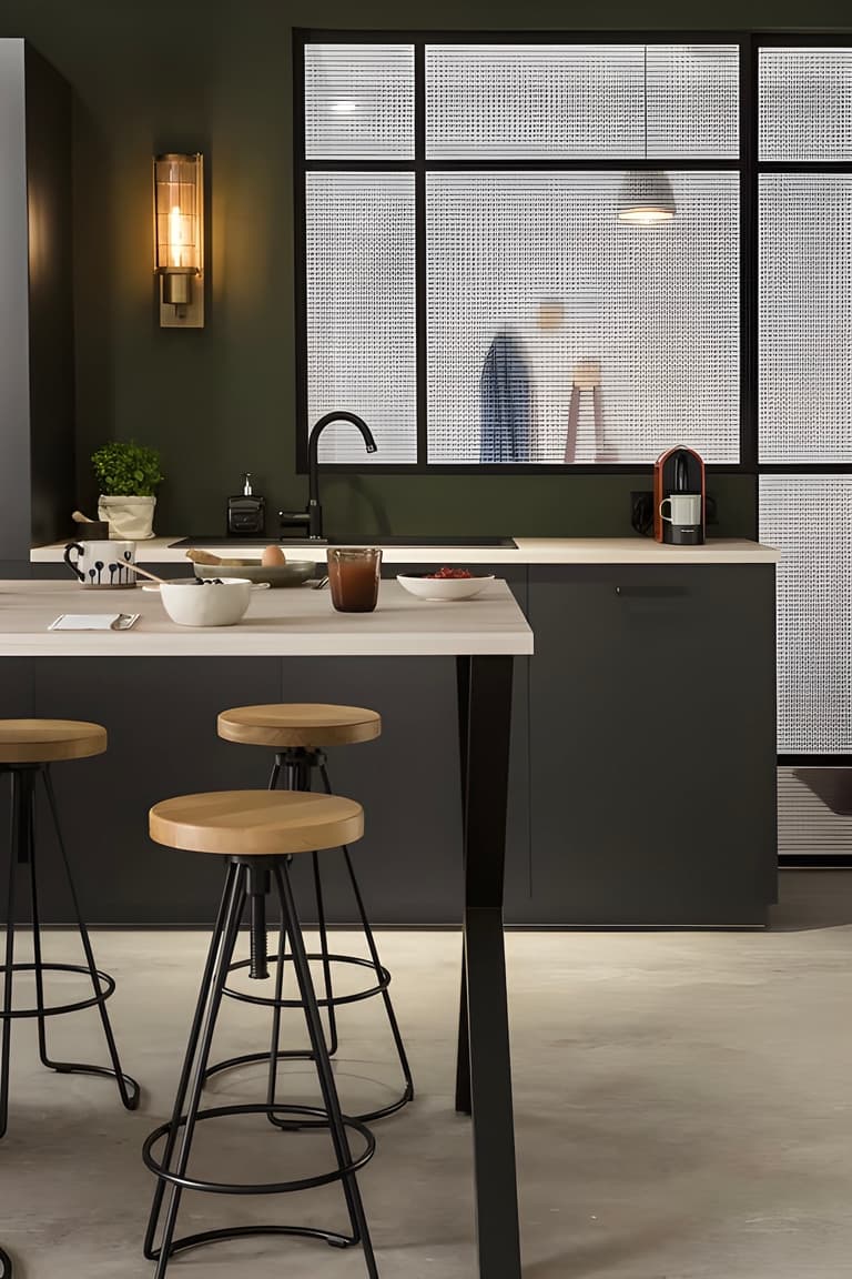 Cuisine industrielle, façades anthracite, îlot avec tabourets métal et bois 