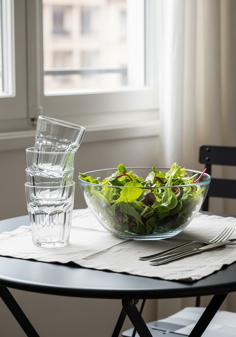 Des verres en verre trempé et un saladier assorti sur une table de bistrot, représentant l’art de la table au quotidien.