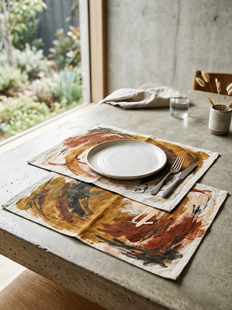 Deux sets de table faits-main avec un motif abstrait dans des tons ocre et terre cuite, posés sur une table.