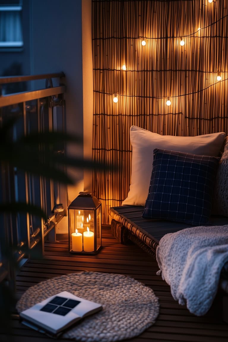 Petit balcon éclairé la nuit avec une lanterne à bougies, guirlande solaire sur canisse en bambou, coussins et plaid sur banquette en bois, livre ouvert sur tapis en jute