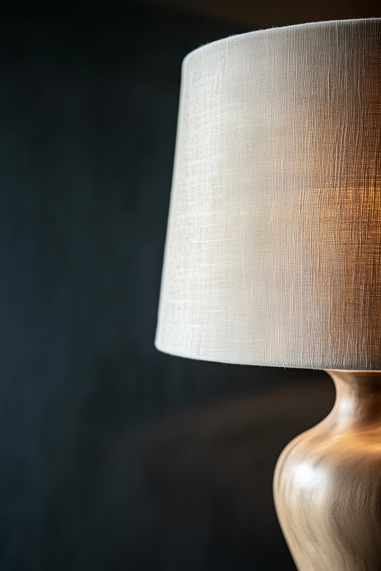 Coin salon moody avec fauteuil en velours olive sous une grande suspension à abat-jour en lin, étagère avec rétroéclairage LED ambre, buffet en bois avec vases en céramique, rideaux en lin