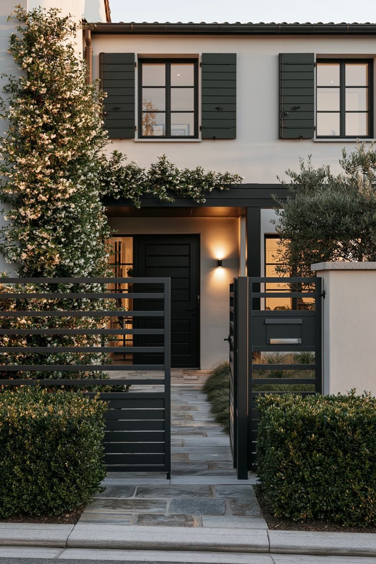 Entrée de maison française contemporaine avec portillon et clôture en aluminium anthracite à lames horizontales, volets vert forêt, porte d'entrée noire mate, jasmin grimpant en fleurs, allée en pierre, haies de buis taillées