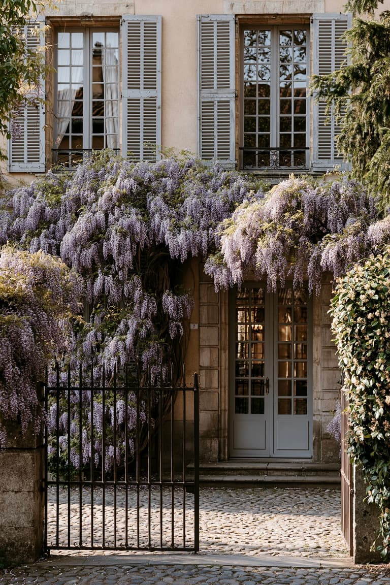 Façade de maison française recouverte d'une glycine en pleine floraison mauve, portillon en fer forgé noir ouvert, volets à persiennes gris bleu, porte d'entrée claire, cour en pavés, lumière printanière douce filtrant à travers les grappes de fleurs