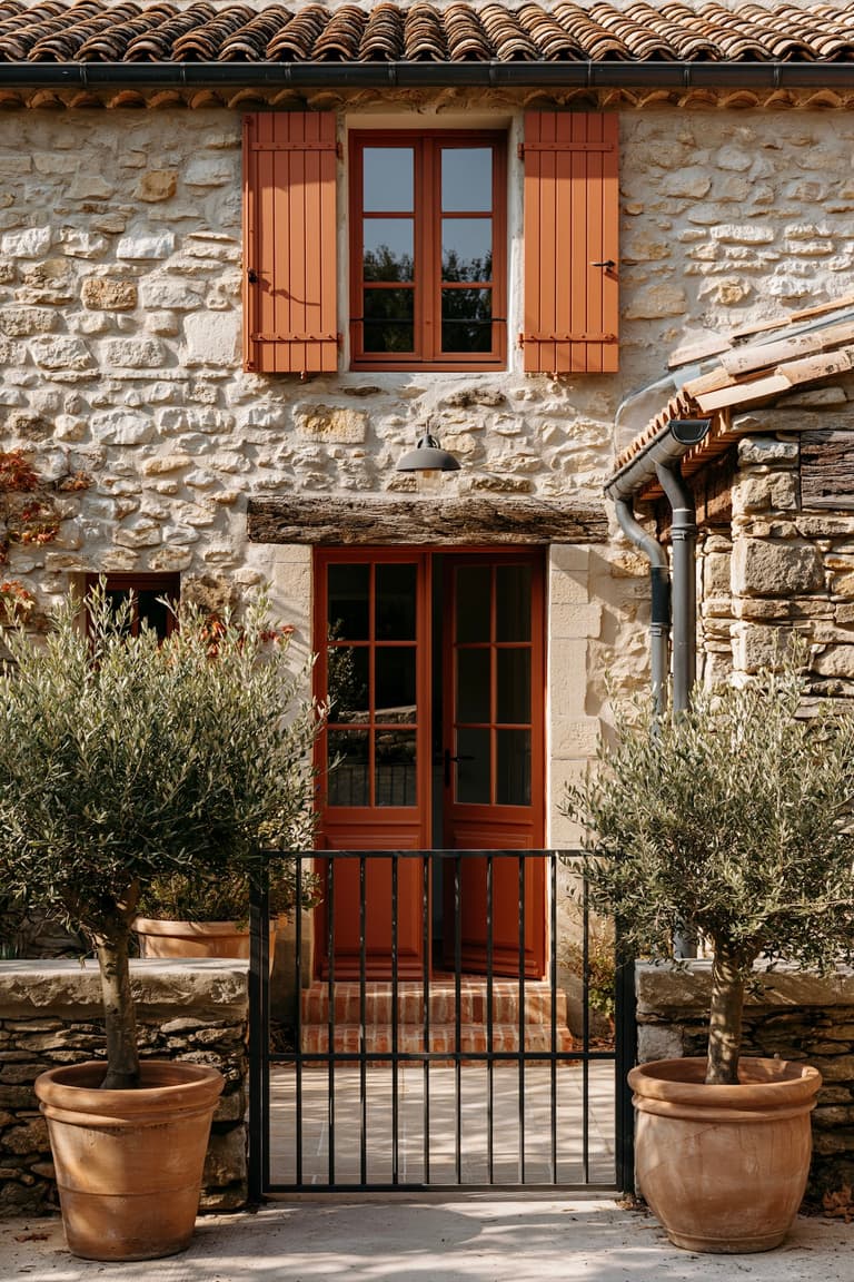 Maison provençale en pierre avec volets et porte d'entrée peints en terracotta mat, portillon en fer forgé noir, oliviers en pots en terre cuite de chaque côté de l'entrée, tuiles anciennes, lumière méditerranéenne chaude