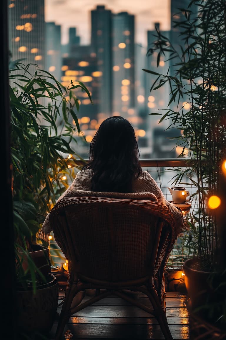 Femme vue de dos assise dans un fauteuil en rotin sur un petit balcon zen entouré de bambous et de guirlandes lumineuses, tasse de thé à la main, skyline floue au crépuscule