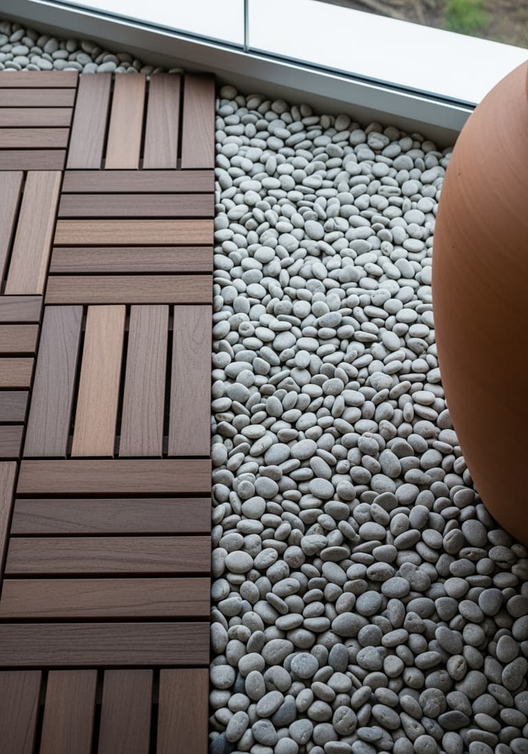 Gros plan sur les matériaux d'un balcon zen : caillebotis en bois, galets gris lisses et un pot en terre cuite, symbolisant la simplicité et la nature.