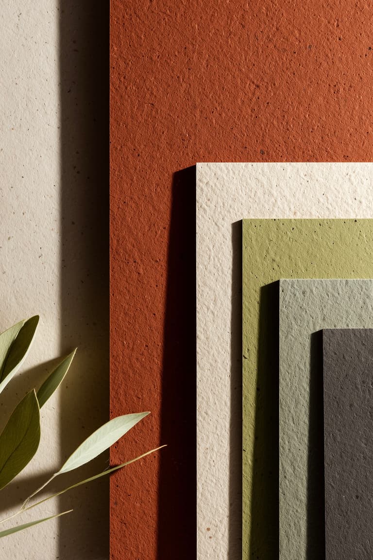 linoleum-naturel-echantillons-couleurs-terreuses.jpg Alt : Échantillons de linoléum naturel dans des teintes terreuses : crème, terracotta, vert olive et anthracite