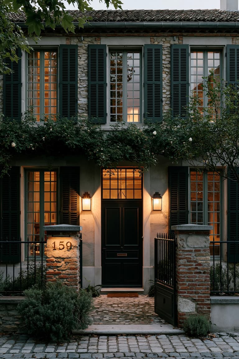 Maison en pierre rénovée au crépuscule avec volets vert forêt à persiennes, porte d'entrée noire mate éclairée par deux appliques murales, portillon en fer forgé noir entre piliers en brique, numéro de maison en laiton, rosier grimpant, pavés anciens