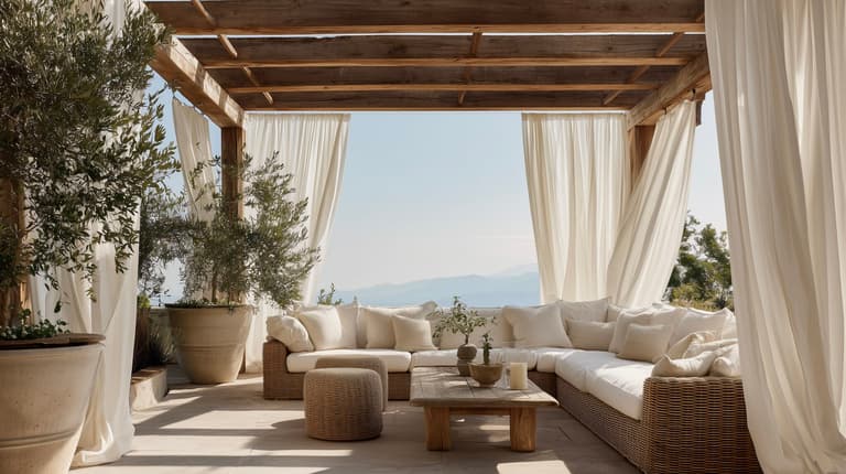 Terrasse avec pergola habillée de rideaux d'extérieur en polyester blanc, canapé en rotin et oliviers en pot dans la lumière dorée du soir