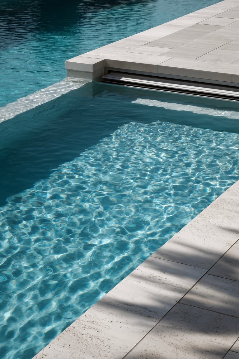 Volet de piscine immergé automatique en cours de rétractation dans le bord de bassin, eau cristalline bleue et margelles en pierre blanche