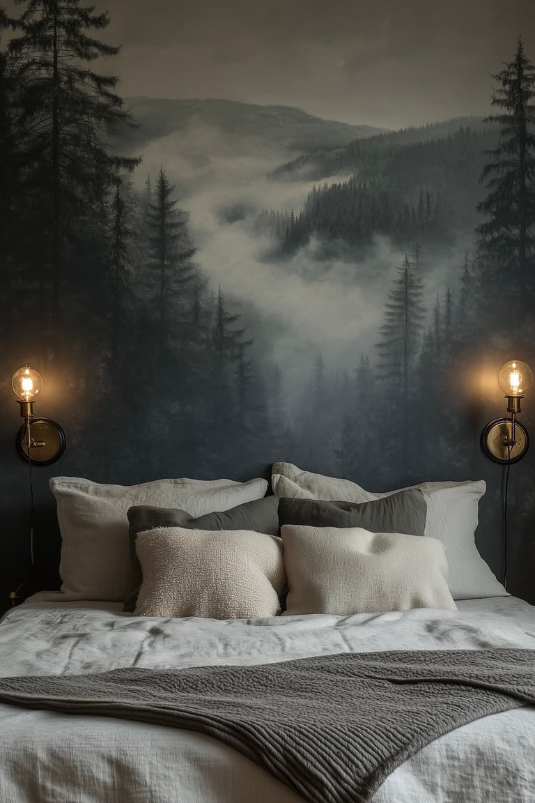 Chambre moody avec papier peint panoramique représentant une forêt de sapins brumeuse derrière le lit, draps en lin blanc et gris, coussins bouclé, appliques murales en laiton de chaque côté