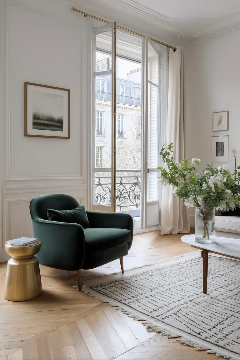 Salon parisien avec parquet en chêne clair certifié FSC posé en chevrons et fauteuil vert