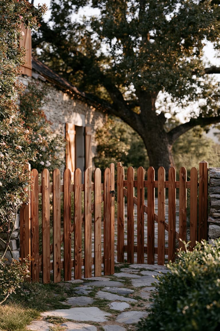 Portillon en bois de style picket fraîchement lasuré devant une longère rénovée en pierre, rosier grimpant en fleurs sur le côté, chemin en dalles de pierre irrégulières, grand chêne en arrière-plan, lumière dorée de fin d'après-midi
