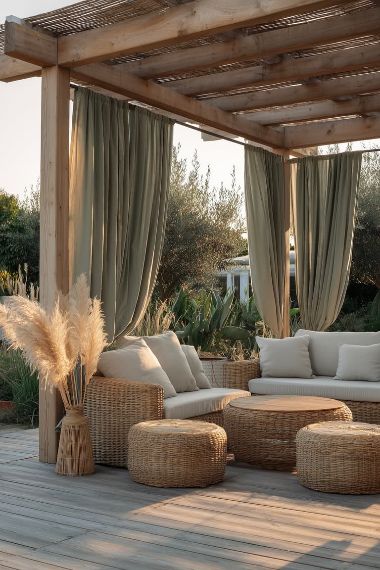 Terrasse de jardin avec rideaux d'extérieur vert sauge sur pergola en bois, mobilier en rotin et pampa, lumière golden hour