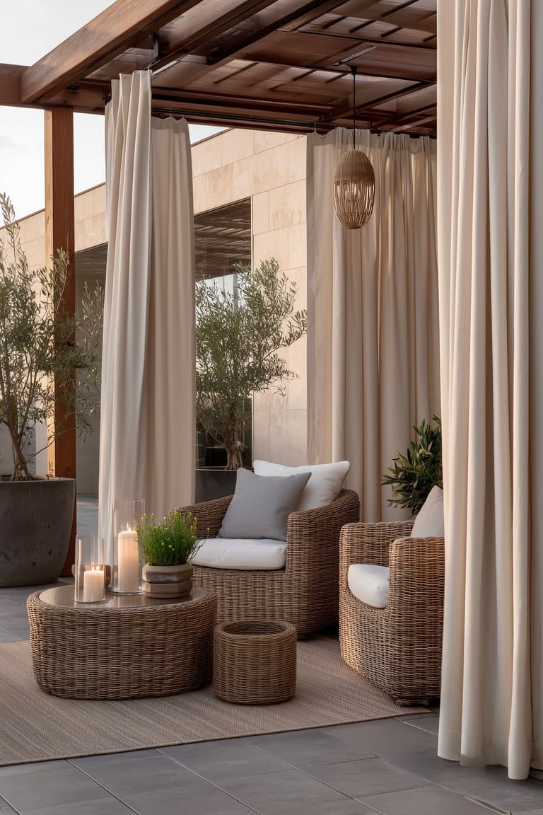 Pergola avec rideaux d'extérieur crème mi-tirés, fauteuils en osier et bougies, lumière tamisée du soir filtrant à travers le tissu outdoor
