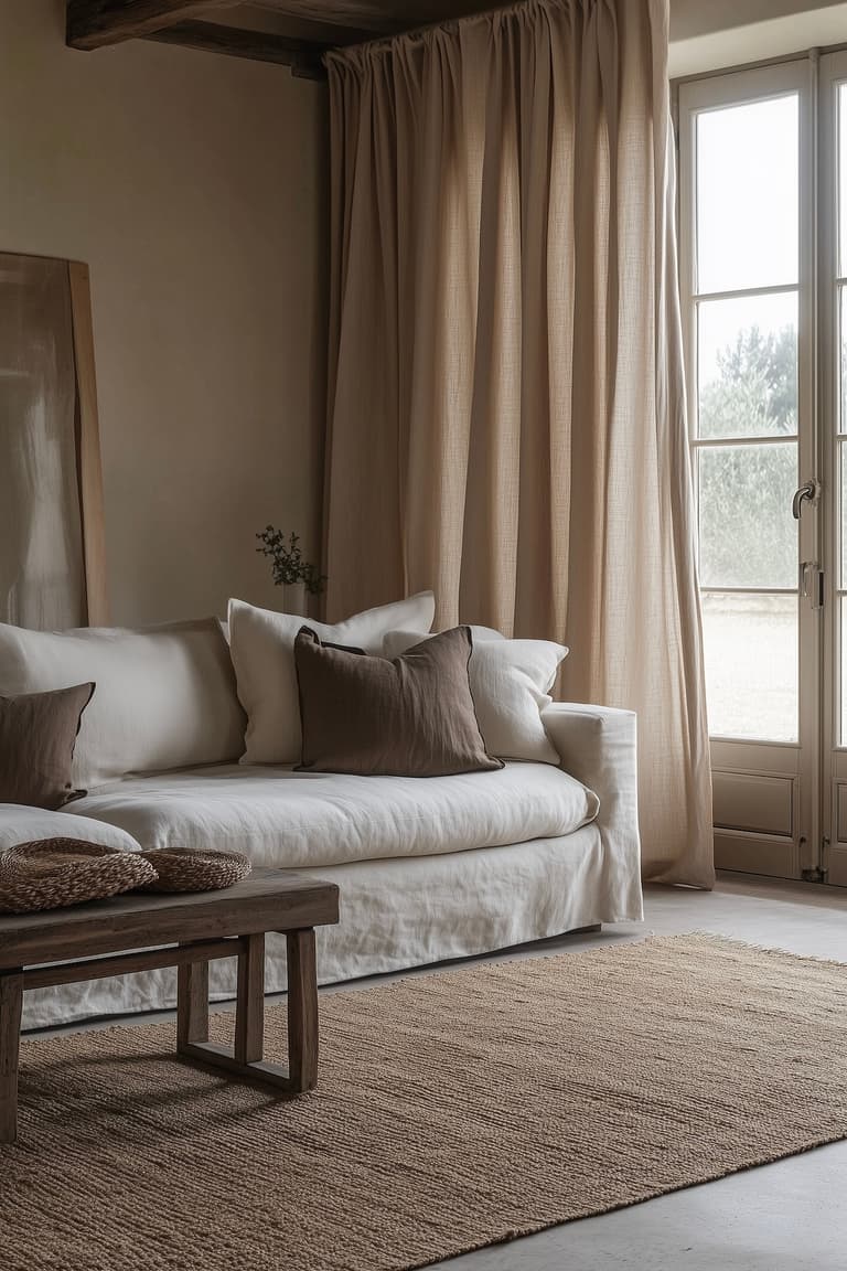 Salon avec rideaux en lin naturel accrochés près du plafond tombant au sol, canapé en lin blanc avec coussins taupe, grand tapis en jute, table basse en bois brut, poutres apparentes