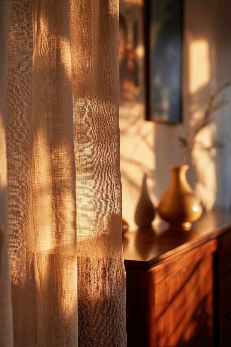 ros plan sur un rideau en gaze de coton traversé par la lumière dorée du soleil avec un buffet en bois et des vases en arrière-plan