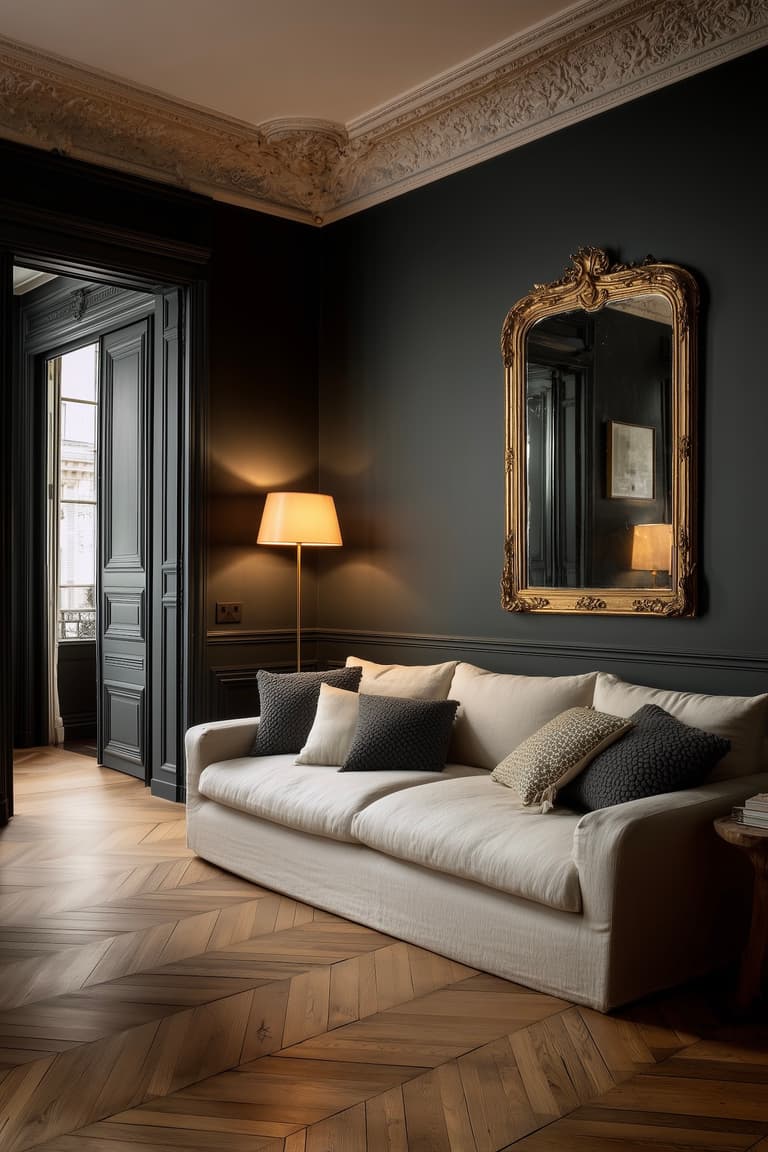 Salon haussmannien avec murs gris anthracite mat, corniche ornementale, canapé en lin crème avec coussins texturés, miroir baroque doré, lampadaire à abat-jour lin, parquet à chevrons
