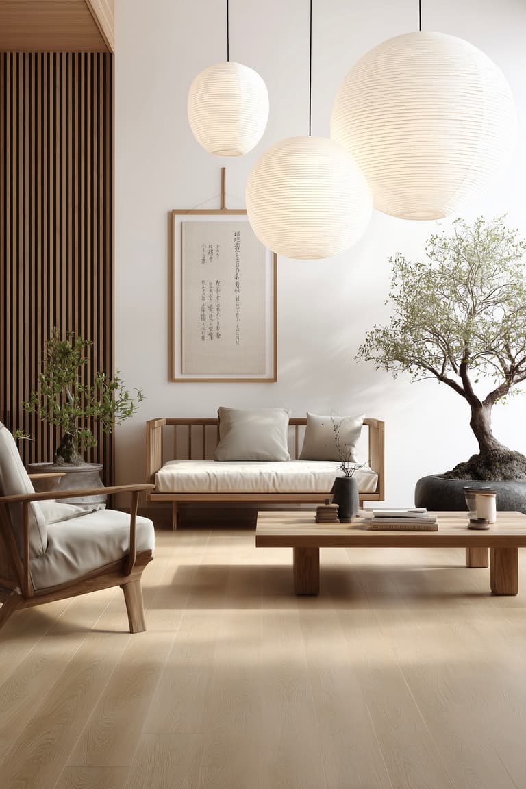 Salon de style japandi avec sol en bambou clair, mobilier en bois et lanternes en papier