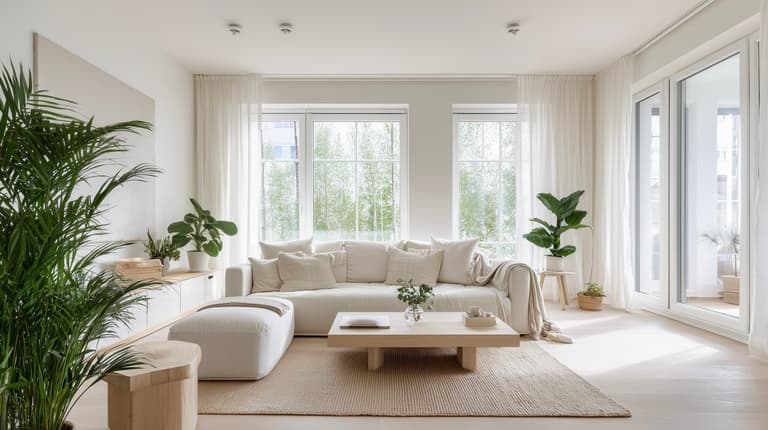 Salon scandinave lumineux avec sol écologique naturel, canapé beige en lin et plantes vertes