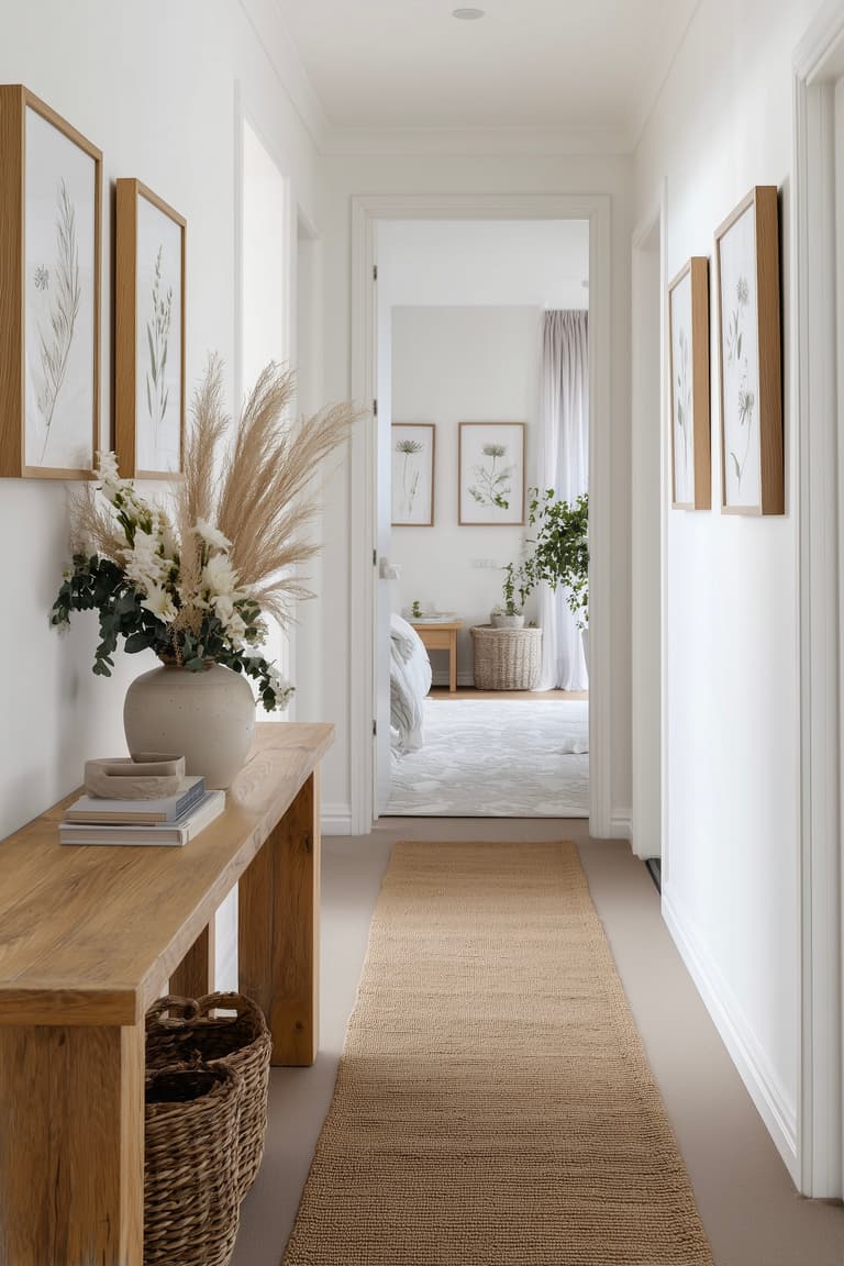 Couloir habillé d'un tapis en fibres végétales naturelles type jonc de mer et console en bois