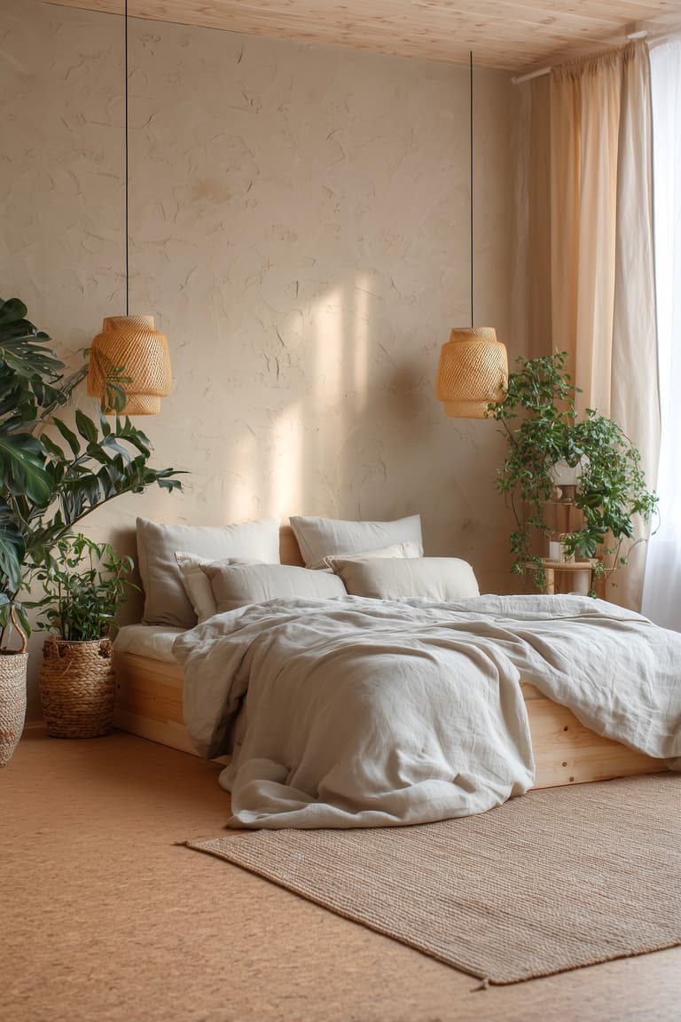 Chambre cosy avec sol en liège chaleureux, linge de lit en lin et tapis en jute