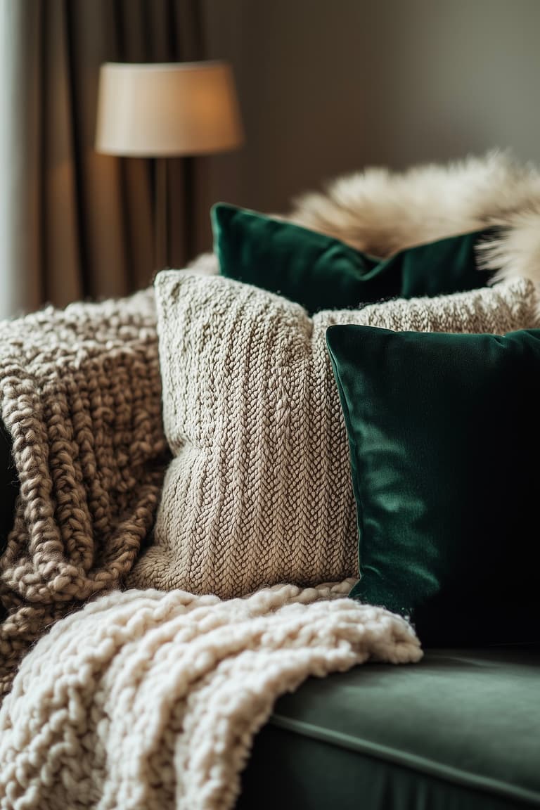 Gros plan sur un canapé avec accumulation de textiles luxueux, coussin en velours vert forêt, coussin en bouclé crème, plaid en grosse maille, touche de fausse fourrure, lumière de lampe en arrière-plan