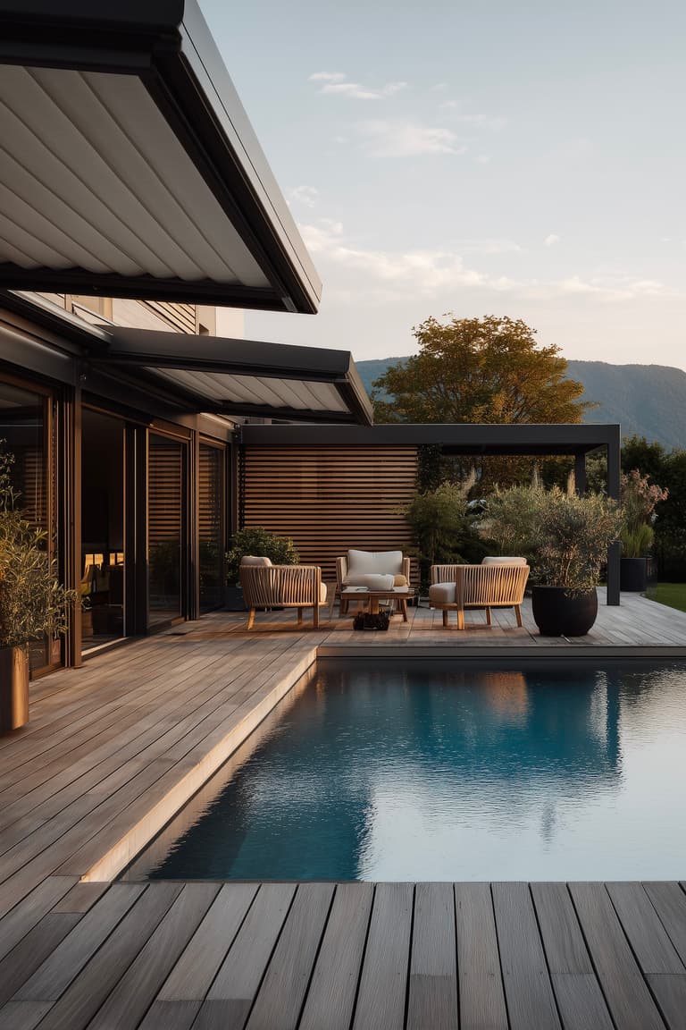 Terrasse mobile coulissante en bois composite à moitié ouverte révélant l'eau de la piscine en dessous, salon de jardin sur la partie fermée
