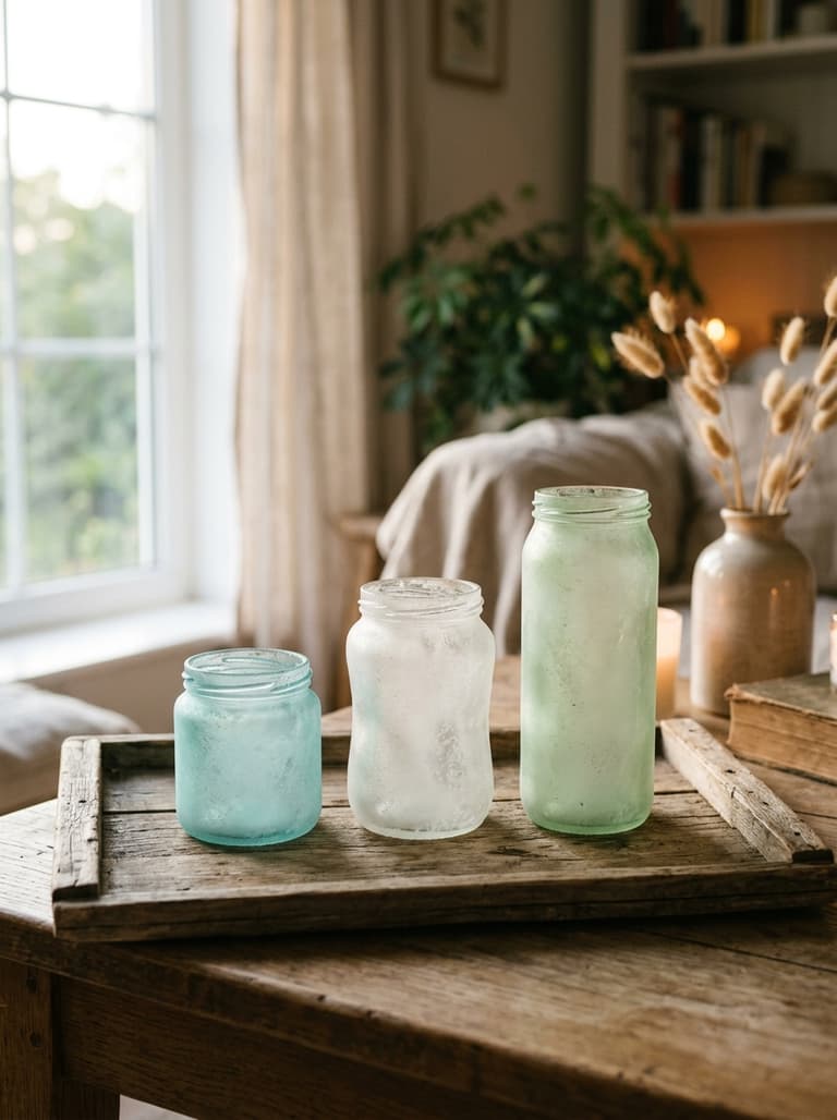 Trois photophores poétiques faits à partir de pots en verre recyclé avec une finition dépolie, posés sur un plateau en bois.