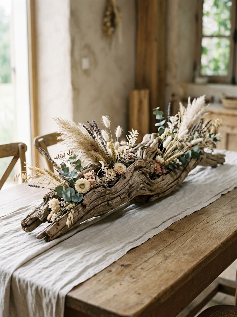 Un centre de table fait-maison composé d'un morceau de bois flotté orné de fleurs séchées, posé sur une nappe en lin.