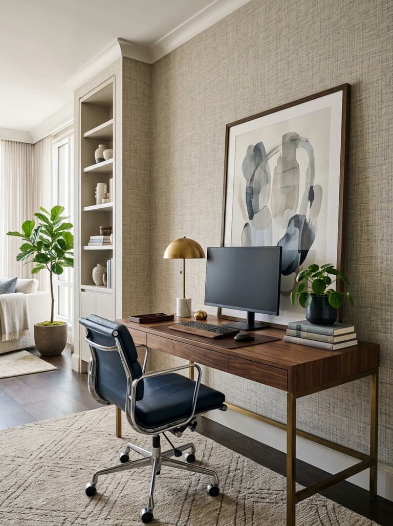 Un coin bureau chic et personnel qui représente un intérieur 'signature', avec un mobilier élégant et une décoration soignée.