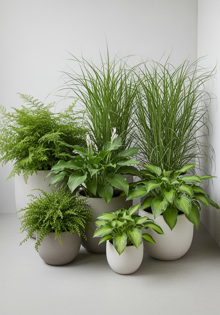 Un coin de balcon verdoyant avec des plantes faciles d'entretien comme des fougères et des graminées dans des pots neutres, créant un cocon de verdure.