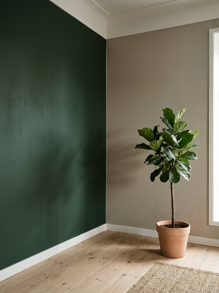 Un coin de pièce avec un mur peint en vert forêt mat et un autre en grège texturé, montrant l'importance de la couleur et de la texture.